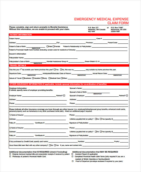emergency medical expense claim form