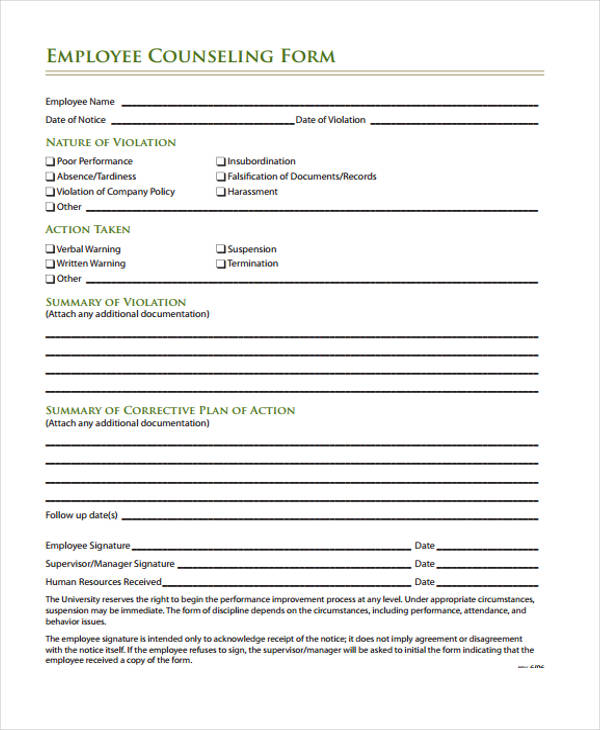 Employee Counseling Forms Free Download