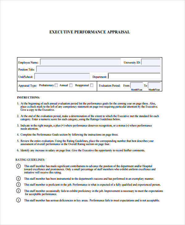 employee executive performance appraisal form
