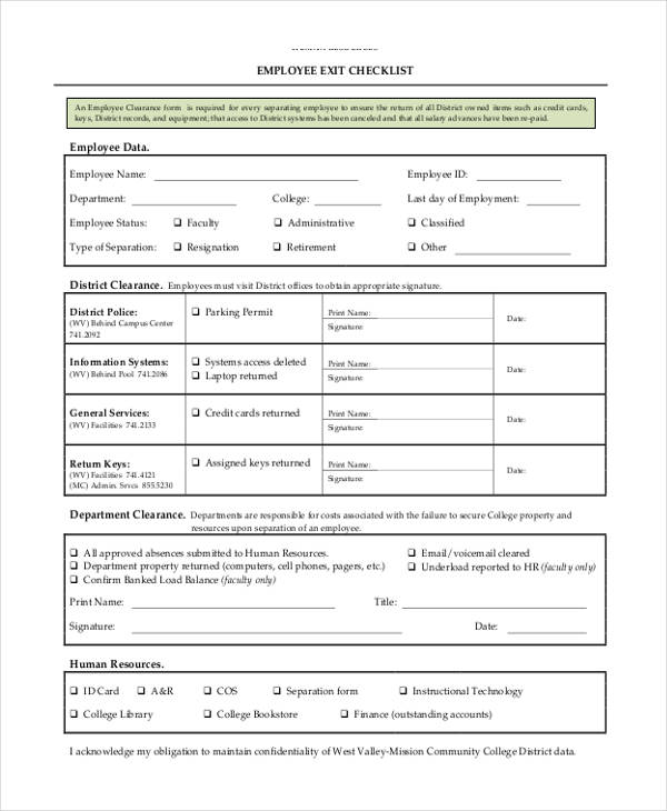 employee exit checklist clearance form