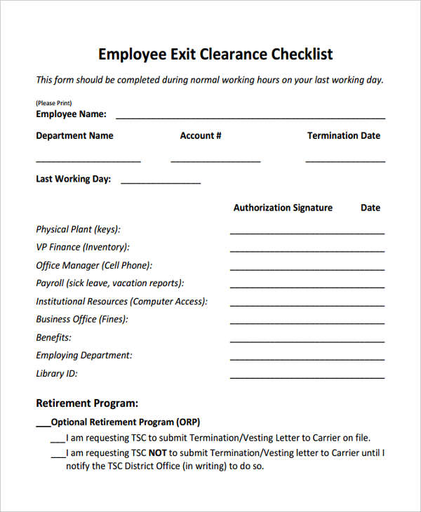 FREE 6+ Exit Clearance Form Samples in PDF | MS Word