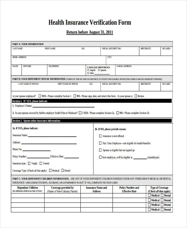 employee health insurance verification form