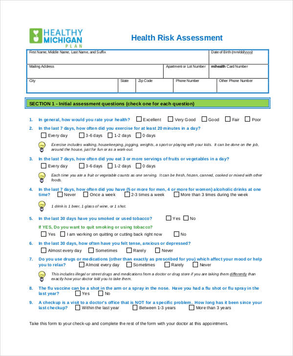 employee health risk assessment form