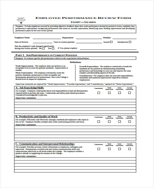 employee job performance review form