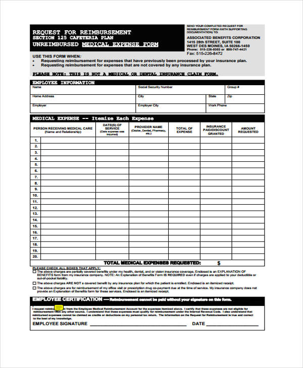 employee medical expense form example