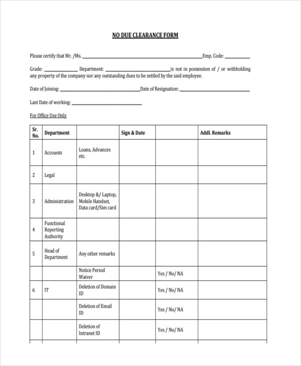 employee no dues payment clearance form