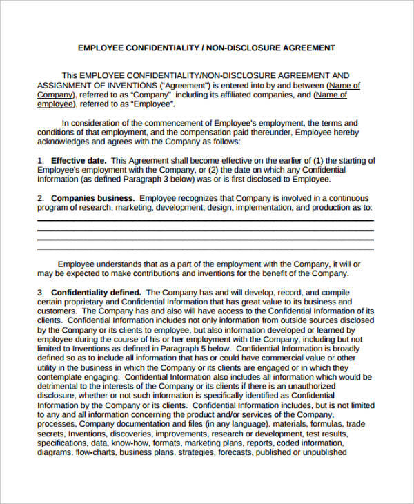 employee non disclosure confidentiality agreement form