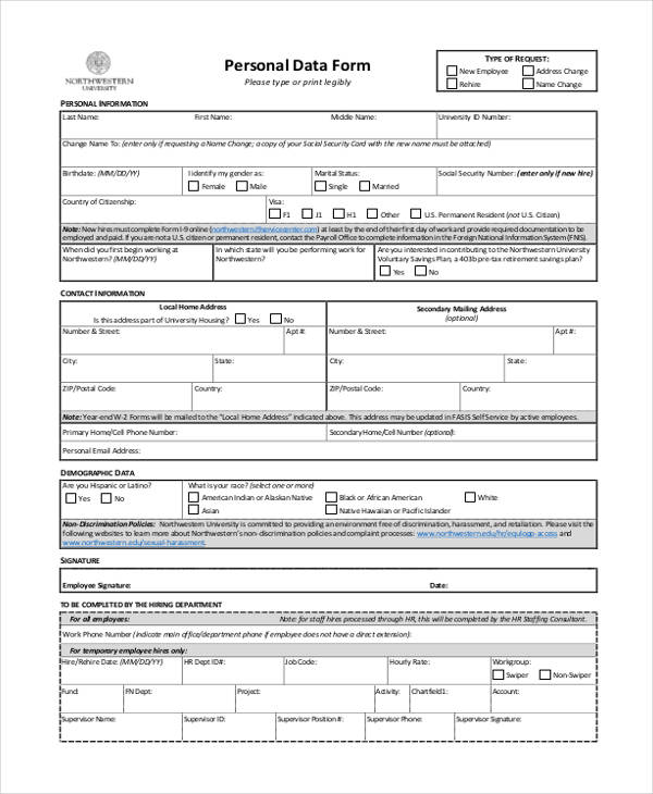 employee personal data information form sample