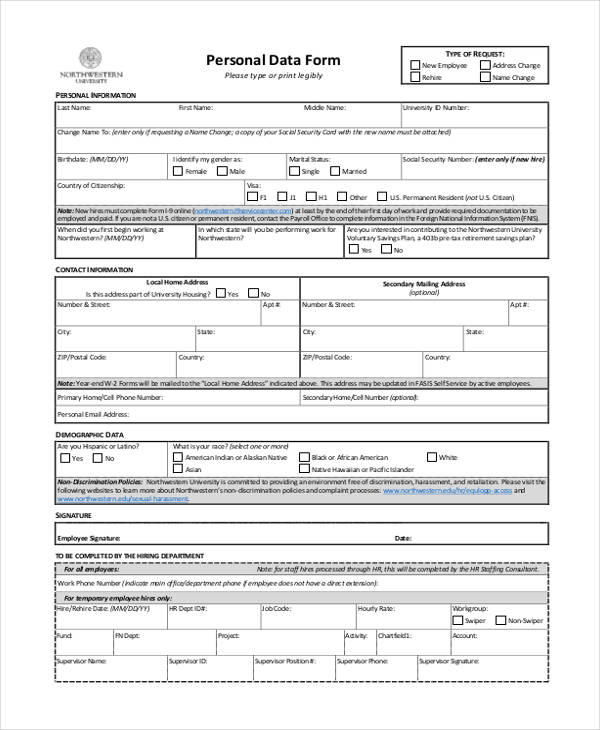 Employee Personal Data Form Template 9923