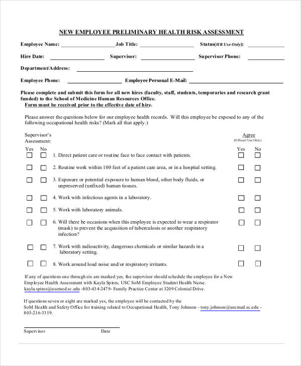 employee preliminary health assessment form