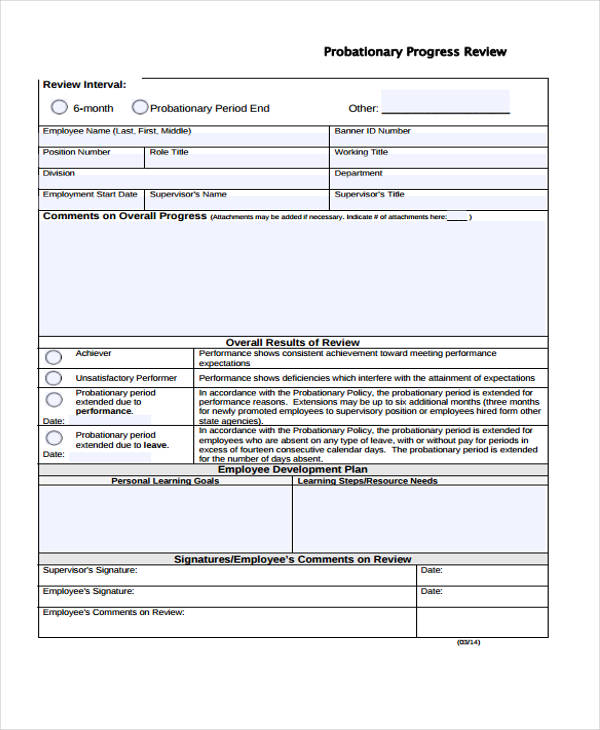 employee probationary progress review form