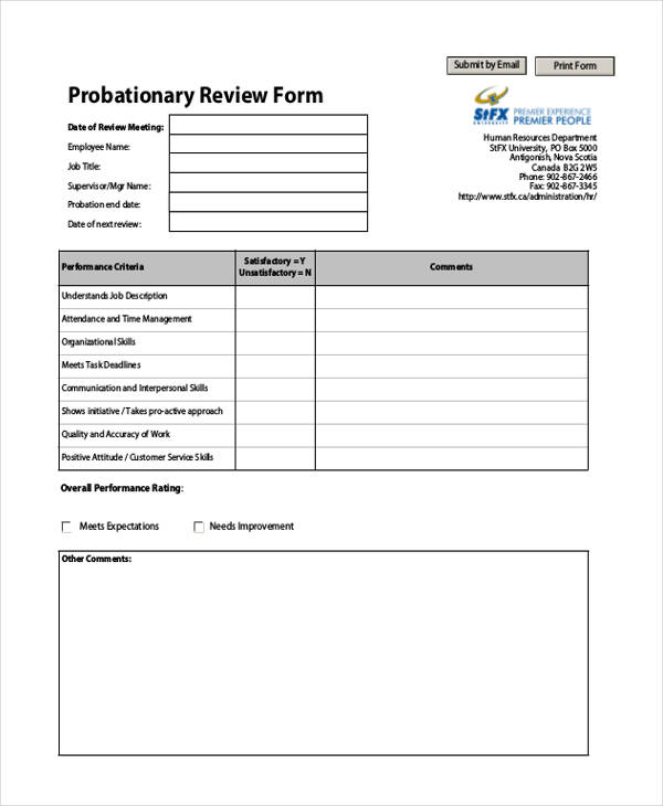 employee probationary review form sample