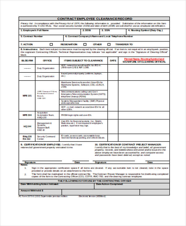 contract form sample doc FREE Forms Employee Doc  11   Clearance