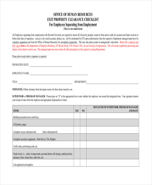 employee property clearance checklist form