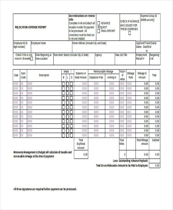 employee relocation expense report form