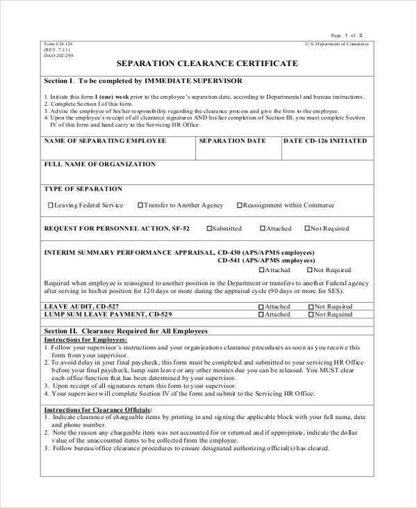 employee separation clearance certificate form