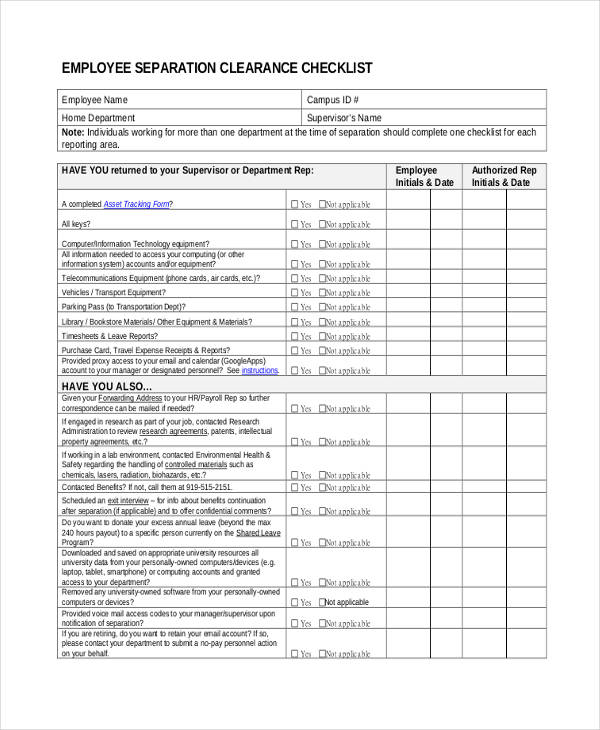 employee separation clearance checklist form