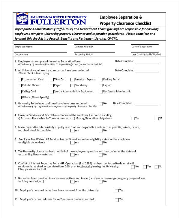 employee separation property clearance checklist