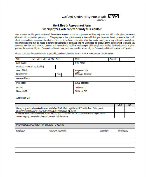 employee work health assessment form