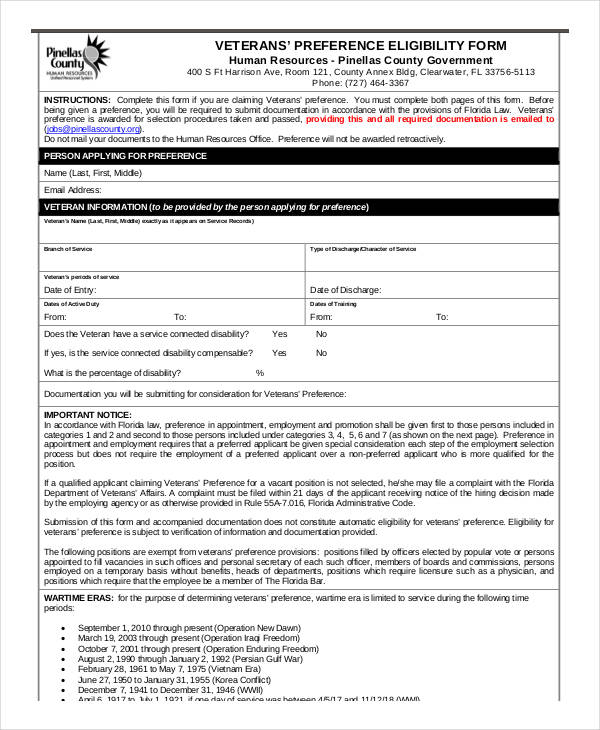 employment veterans preference eligibility form