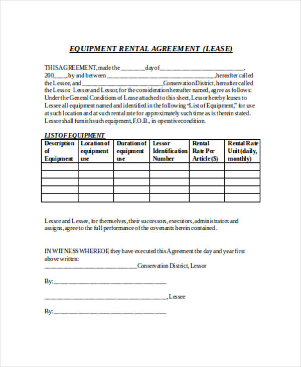 equipment lease rental agreement form