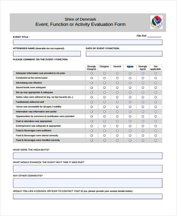 event function activity evaluation form