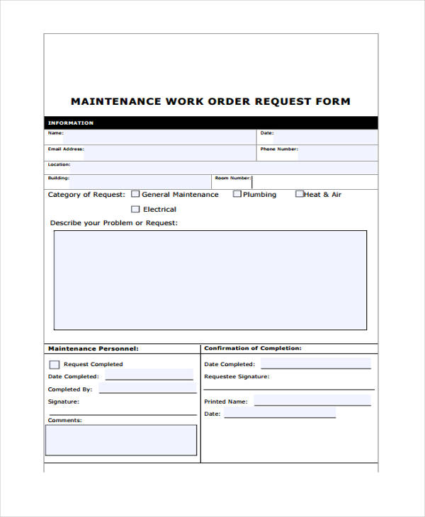 maintenance work order form
 FREE 7+ Maintenance Work Order Form in Sample, Example, Format