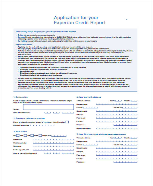 example credit report application form