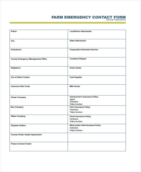 example farm emergency contact form