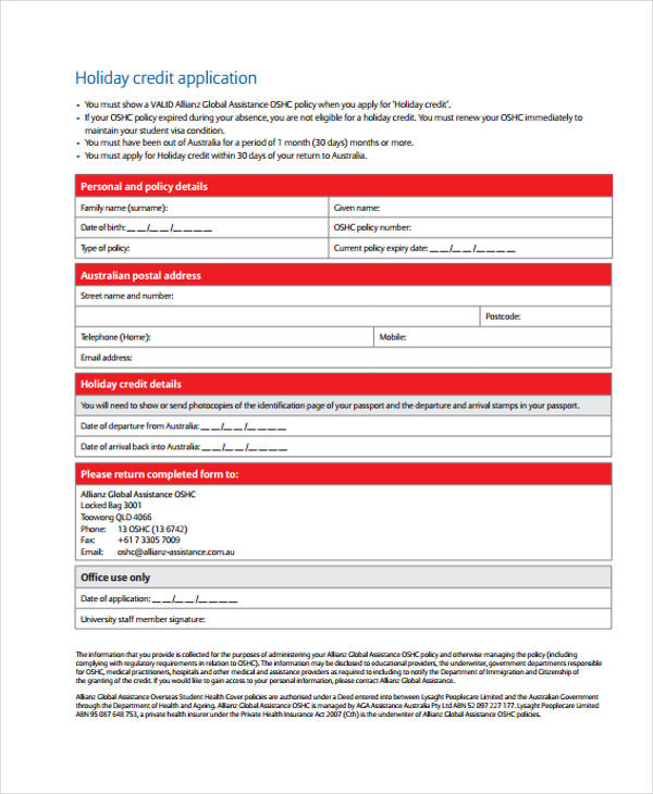 example holiday credit application form