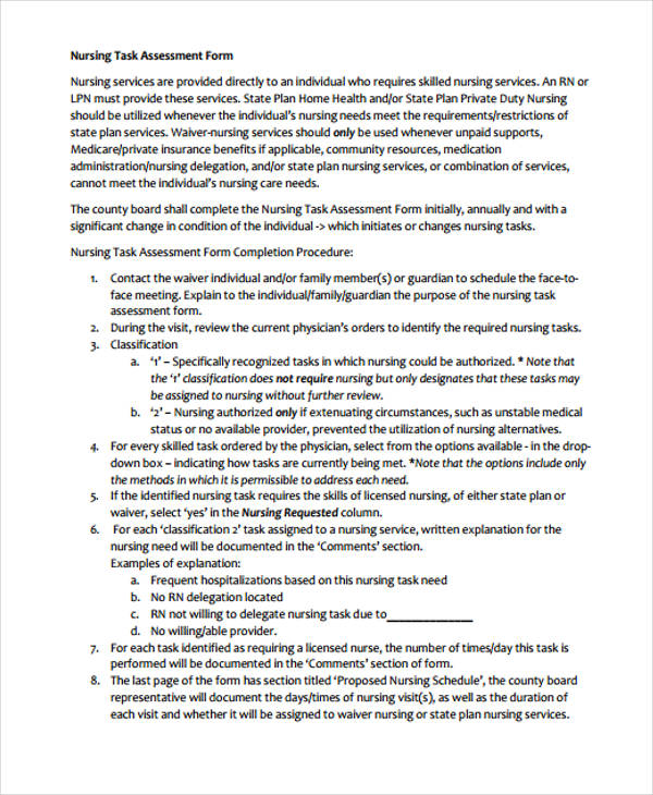 example nursing task assessment form