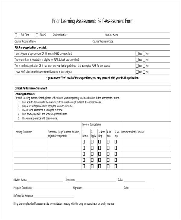 example prior learning self assessment form