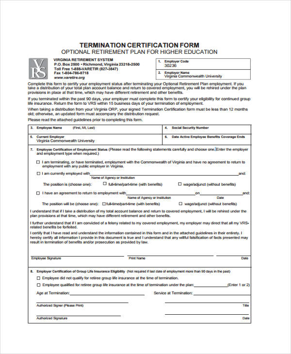 example termination employment certification form