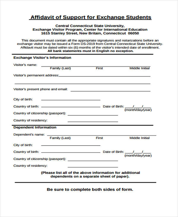 exchange student affidavit form