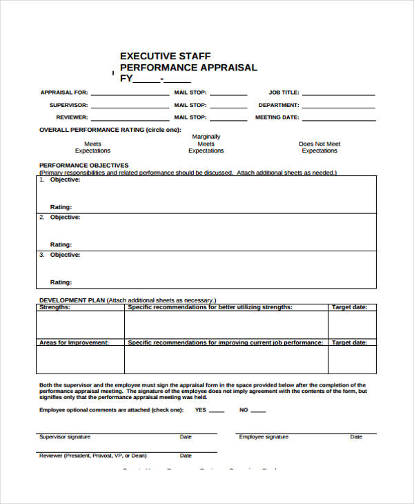 executive staff performance appraisal form