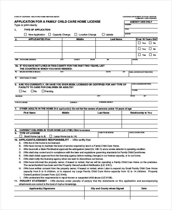family child care application form