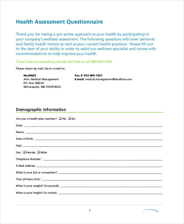 family health assessment questionnaire form