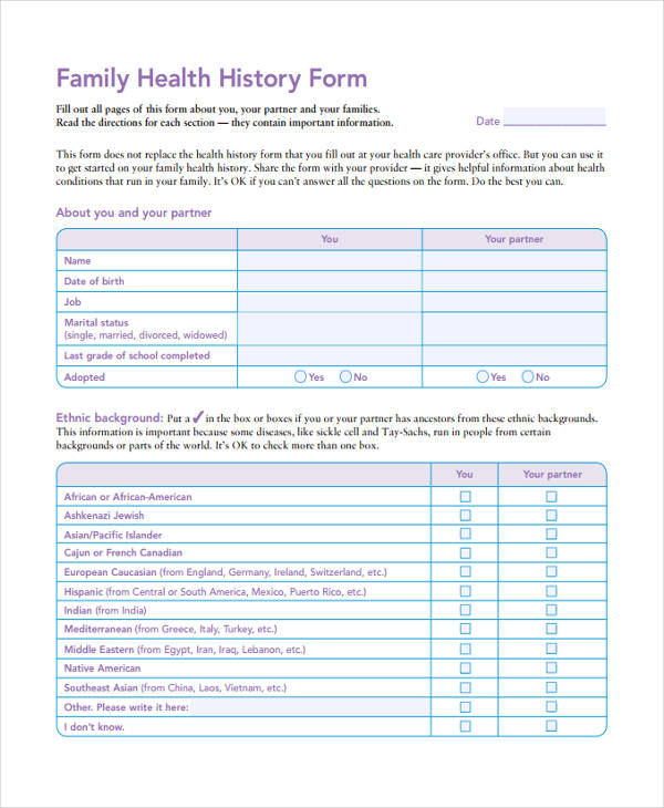 family health history assessment form