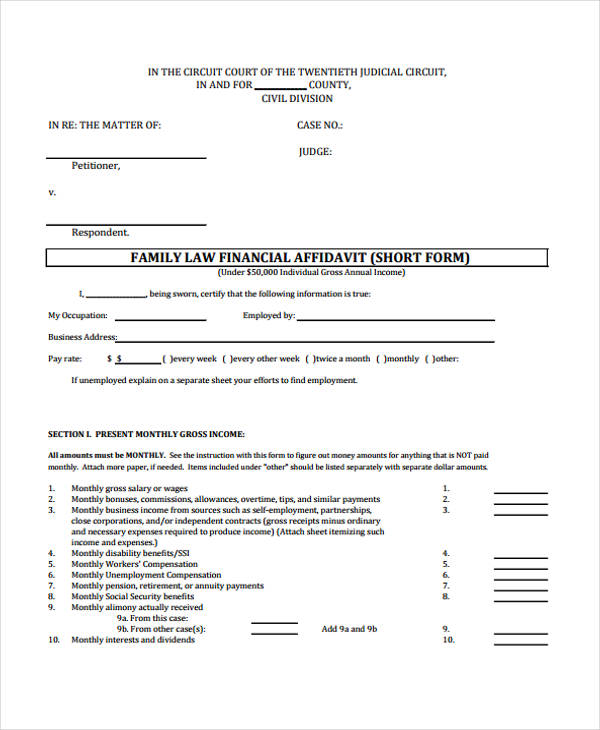 family law financial affidavit short form