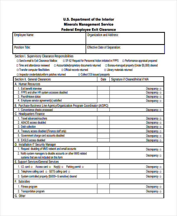 FREE 6+ Exit Clearance Form Samples in PDF MS Word