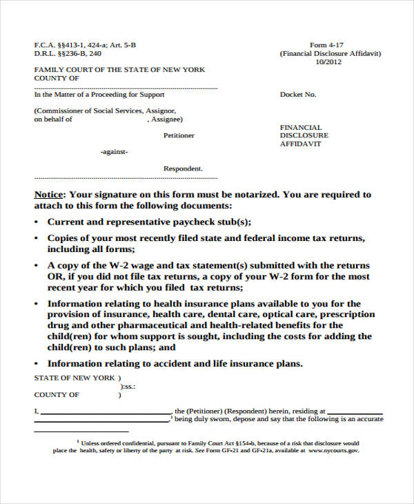 financial disclosure affidavit form