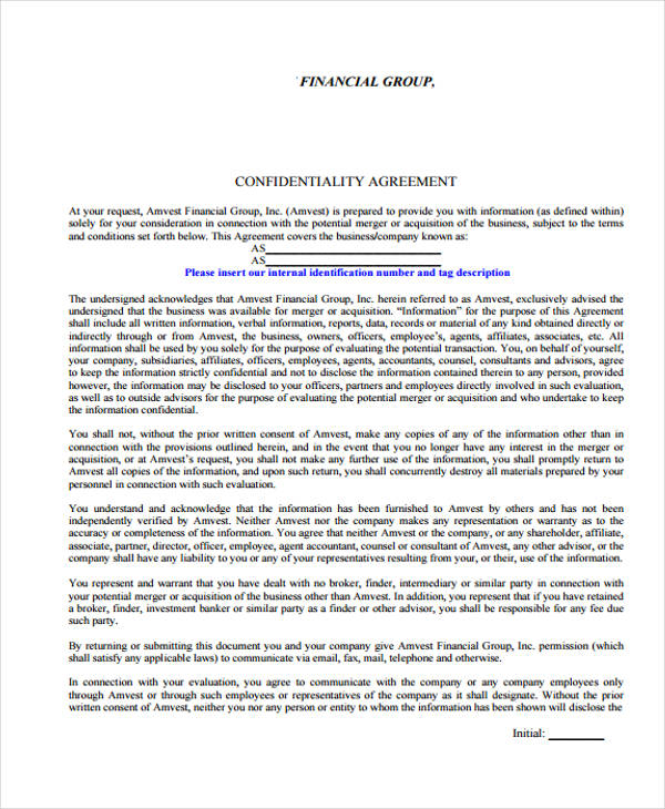 financial group confidentiality agreement form
