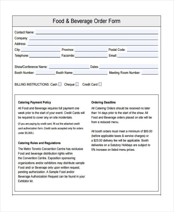 FREE 9+ Food Order Forms in PDF Excel MS Word