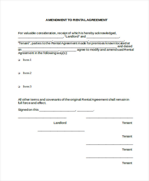 free amendment rental agreement form