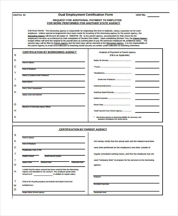 free dual employment certification form