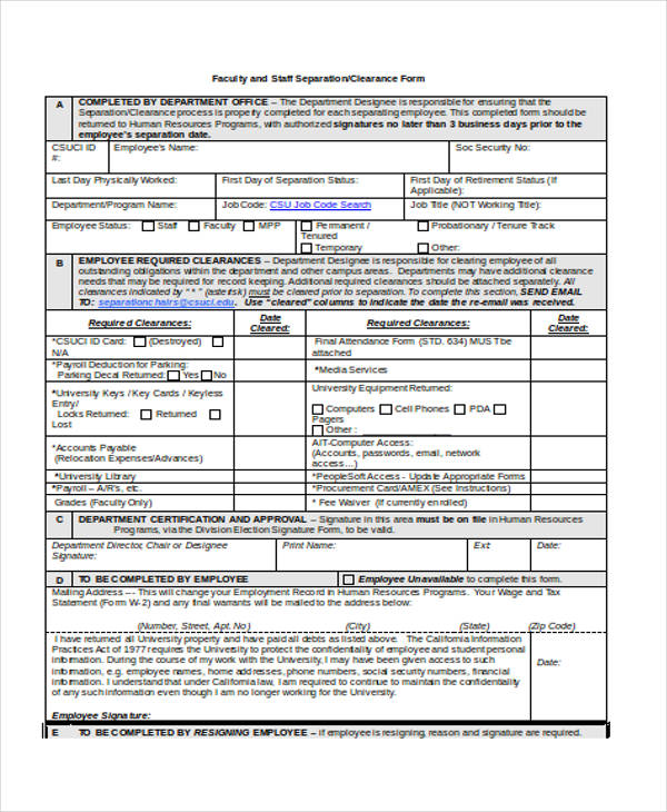 free employee separation clearance form
