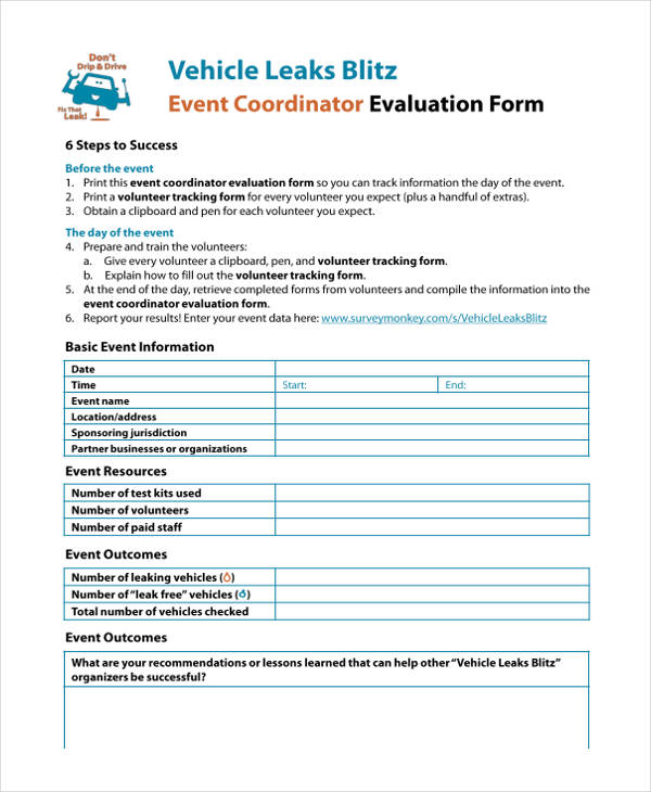 free event coordinator evaluation form