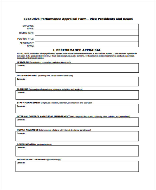 free executive performance appraisal form
