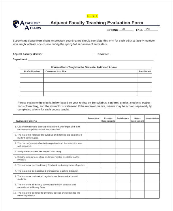 FREE 11 Sample Faculty Evaluation Forms In PDF MS Word