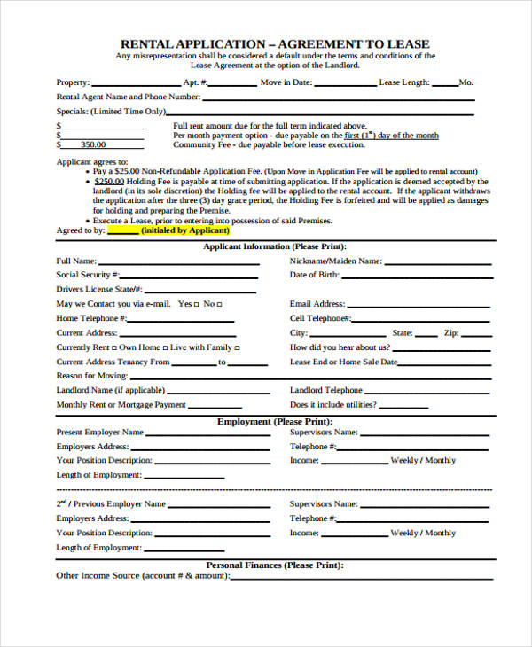 free lease agreement application form